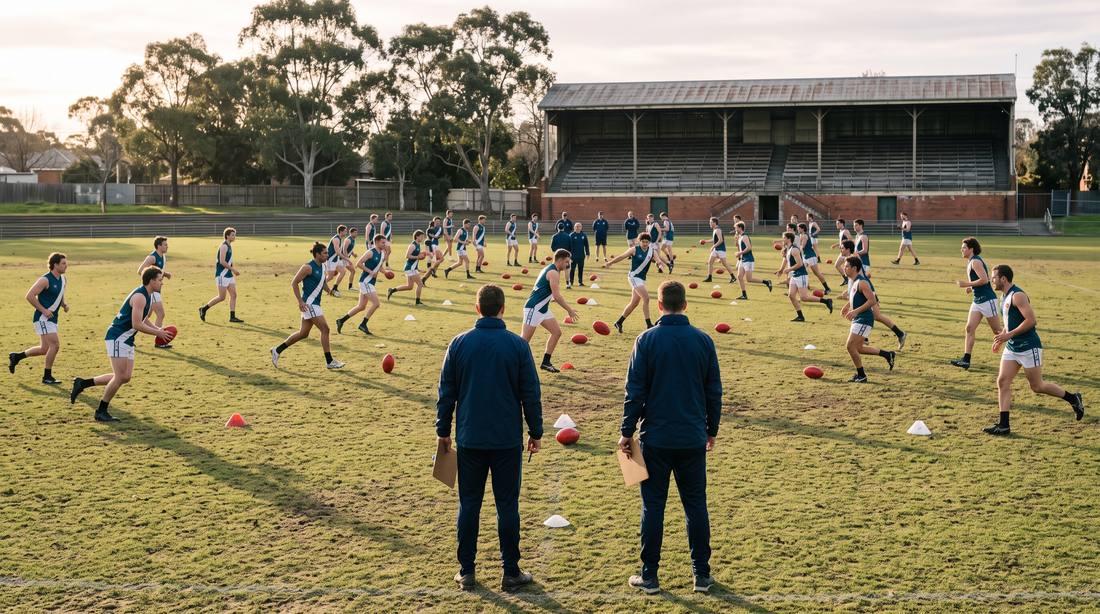 A full AFL squad at training with coaches watching