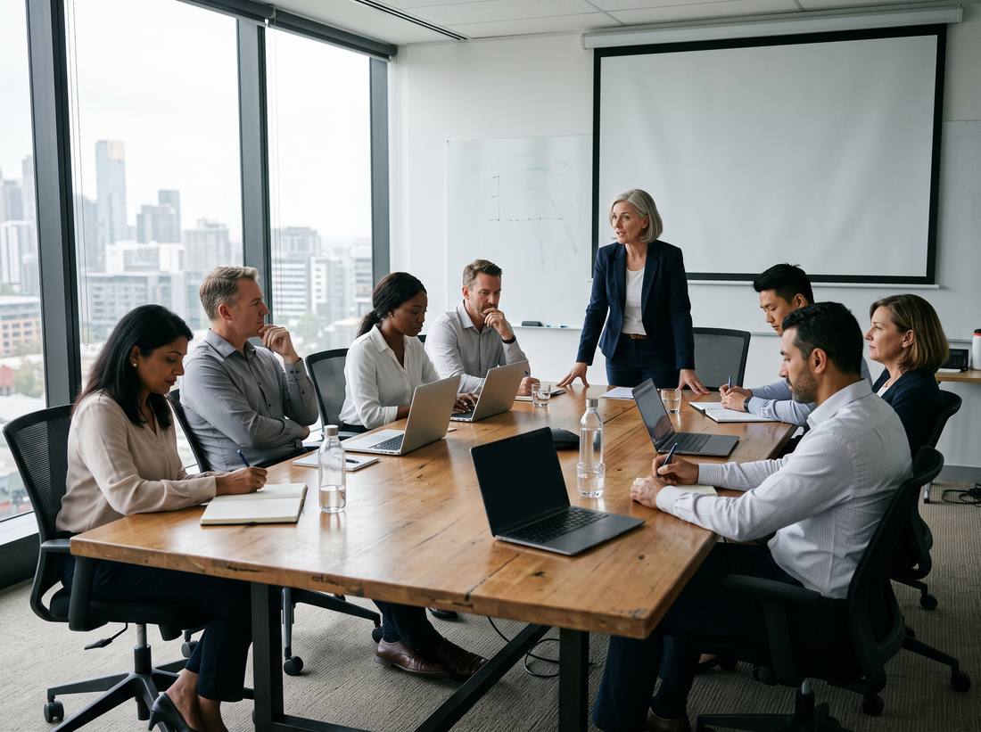 A leadership team in a boardroom, one executive standing to speak