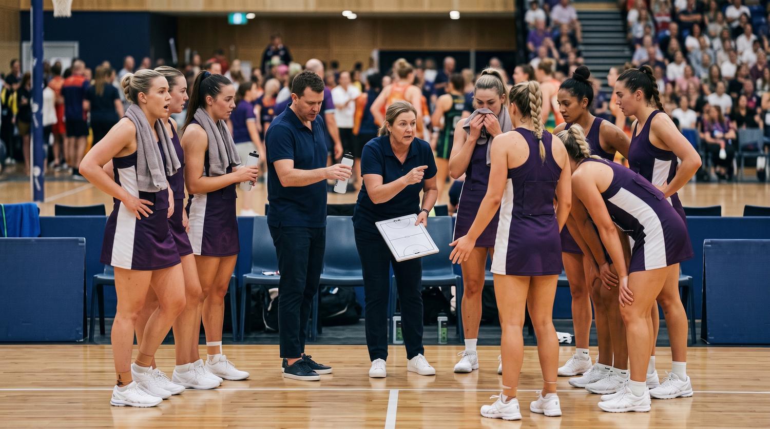 A netball team catching their breath while their coach talks at quarter time